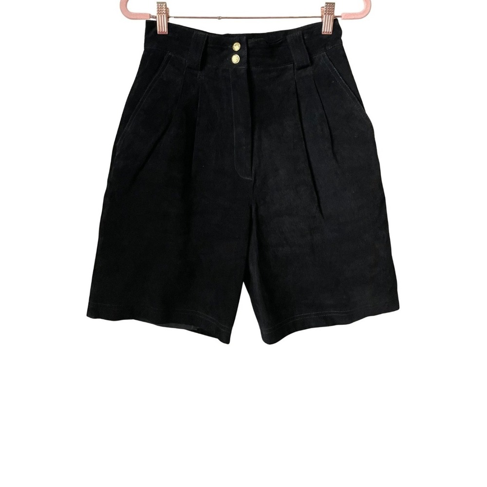 Vintage 90s Suede Leather High Waisted Pleated Shorts Erez Levy Black Gold 8